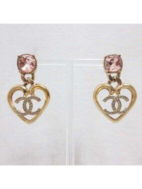 Chanel Earrings Heart CC Logo Line Stone Stud Gold Pink